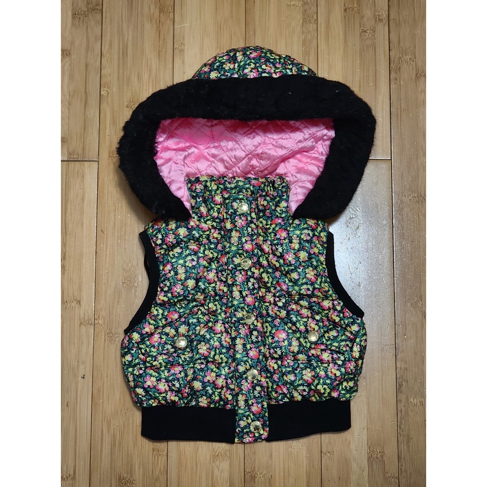 Juicy Couture Girls XS Floral Puffer Vest Hooded Faux Fur Full Zip Pink Lining